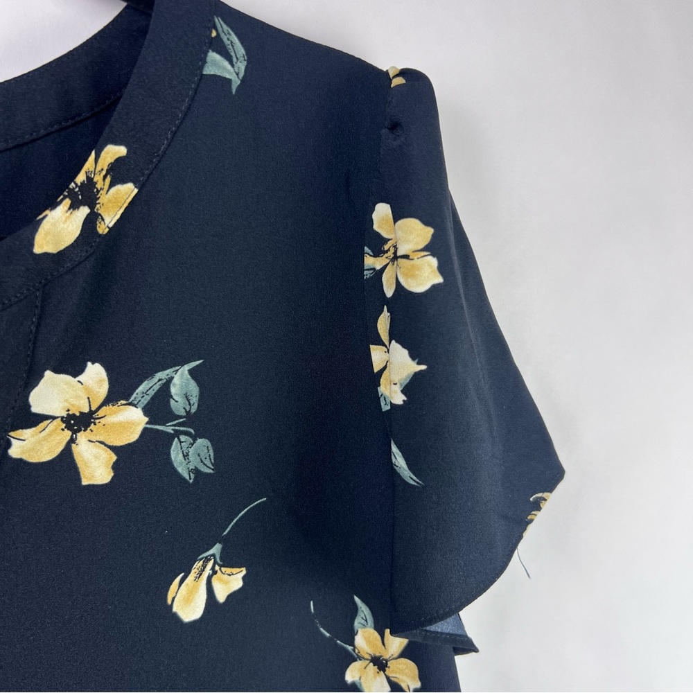 Hilary Radley Navy Floral Blouse, Yellow Flowers, Polyester, Flutter Sleeve Top - Picture 6 of 12